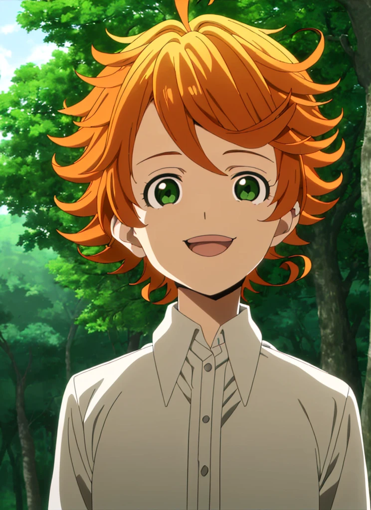 promisedNeverland masterpiece, best quality, 1girl, shirt, green eyes, solo, forest, white shirt, number tattoo, nature, short hair, looking at viewer, orange hair, tree, smile, ahoge, upper body, open mouth, outdoors, collared shirt