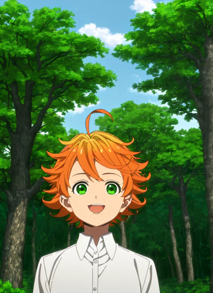 promisedNeverland masterpiece, best quality, 1girl, shirt, green eyes, solo, forest, white shirt, number tattoo, nature, short hair, looking at viewer, orange hair, tree, smile, ahoge, upper body, open mouth, outdoors, collared shirt