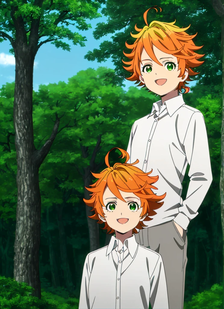 promisedNeverland masterpiece, best quality, 1girl, shirt, green eyes, solo, forest, white shirt, number tattoo, nature, short hair, looking at viewer, orange hair, tree, smile, ahoge, upper body, open mouth, outdoors, collared shirt