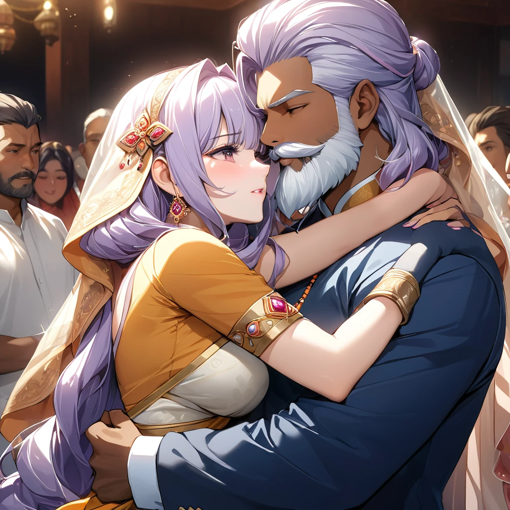 ((Highest quality)), ((masterpiece)), (detailed), （Perfect Face）、The woman has light purple hair in Extia Magica、The woman is wearing the traditional Indian dress, a sari.、The woman is embracing and kissing a middle-aged Indian man with a beard in their wedding ceremony.