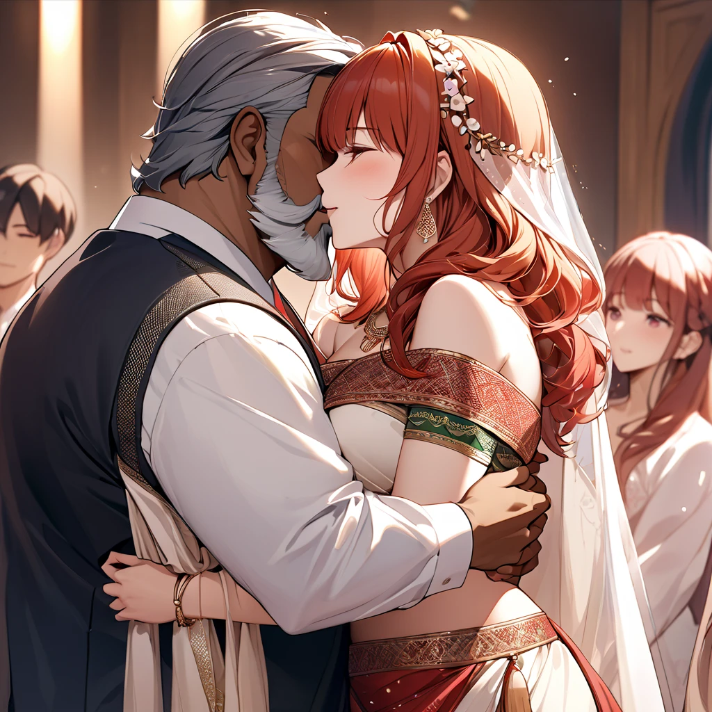 ((Highest quality)), ((masterpiece)), (detailed), （Perfect Face）The woman is a Celica with red hair.、The woman is wearing the traditional Indian dress, a sari.、The woman is embracing and kissing a middle-aged Indian man with a beard in their wedding ceremony.