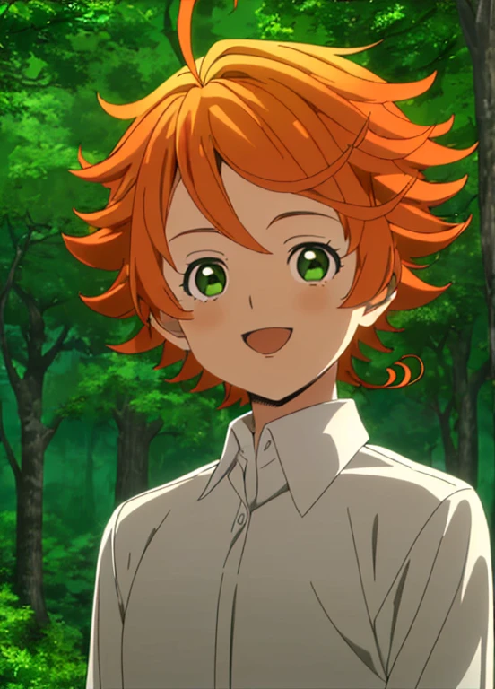 promisedNeverland masterpiece, best quality, 1girl, shirt, green eyes, solo, forest, white shirt, number tattoo, nature, short hair, looking at viewer, orange hair, tree, smile, ahoge, upper body, open mouth, outdoors, collared shirt