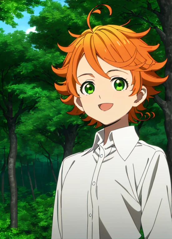 promisedNeverland masterpiece, best quality, 1girl, shirt, green eyes, solo, forest, white shirt, number tattoo, nature, short hair, looking at viewer, orange hair, tree, smile, ahoge, upper body, open mouth, outdoors, collared shirt