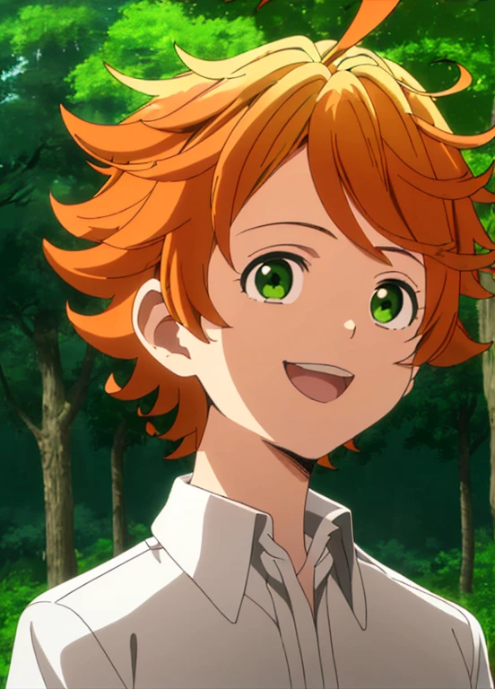 promisedNeverland masterpiece, best quality, 1girl, shirt, green eyes, solo, forest, white shirt, number tattoo, nature, short hair, looking at viewer, orange hair, tree, smile, ahoge, upper body, open mouth, outdoors, collared shirt