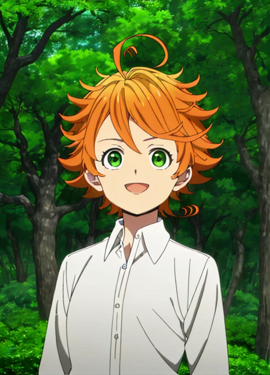 promisedNeverland masterpiece, best quality, 1girl, shirt, green eyes, solo, forest, white shirt, number tattoo, nature, short hair, looking at viewer, orange hair, tree, smile, ahoge, upper body, open mouth, outdoors, collared shirt