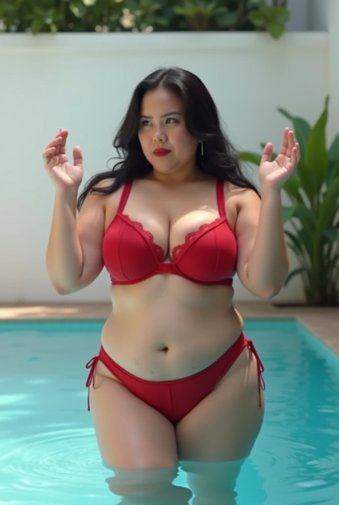 beautiful thick female, ((Flooded rivers, Caustics, under the water)), Dark red atmosphere, Dark Blue Eyeshadow, dark red lips, Standing, Pregnant women, Platinum Blonde Woman, Incredibly big, very plump body, seductively looking in front,