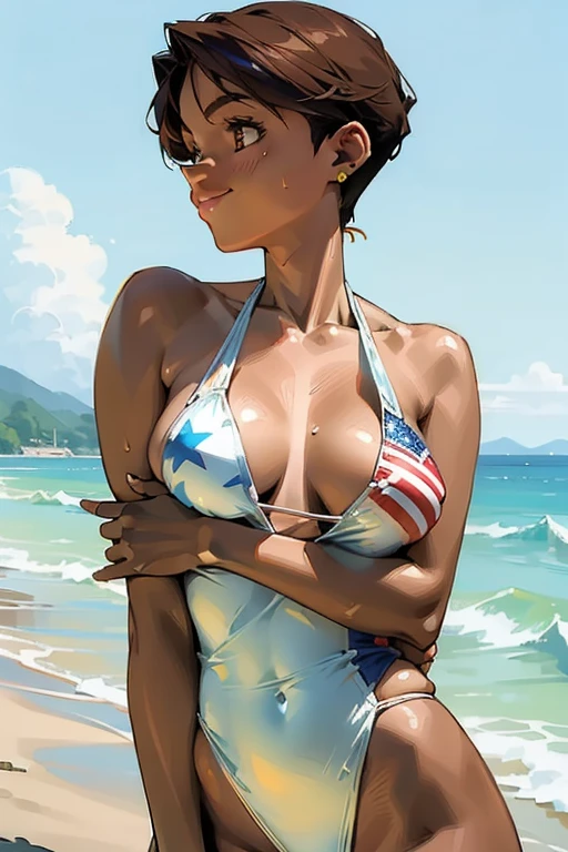 (masterpiece), Highest quality, Super detailed, Mizuki and, Sunburn, Earrings,(High leg swimsuit with American flag pattern),Slender and sexy body, One person, alone,Tilt your head, smile, Part your lips,Daytime beach , (((From the side)))