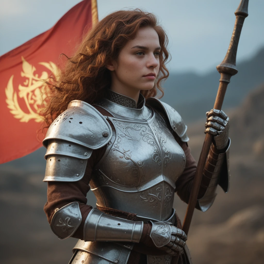 Mysterious armored female  knight, with flowing hair and intricate armor, bathed in soft, ambient light.
Holding a torn banner or flag, with a grim expression, chaotic battlefield,
Realistic shadows cast by the armor, adding depth.High clarity on the figure, with a soft focus on the background.