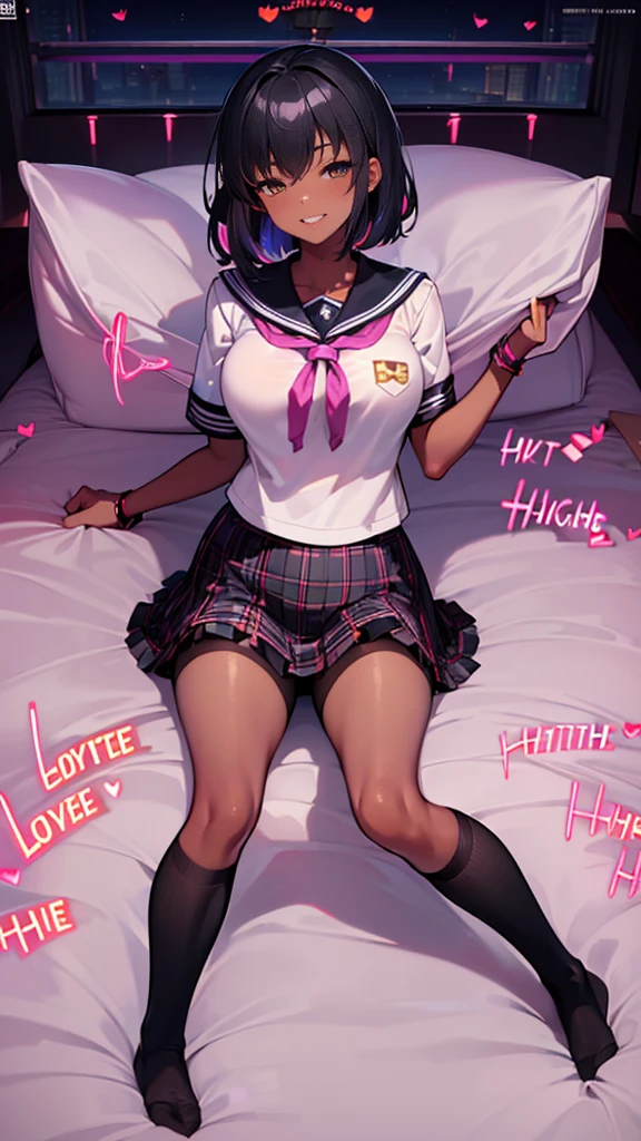 ((masterpiece)),(Perfect Anatomy),((Highest quality)),((Very detailed)),(figure),(High resolution),((latina)),((Strong black skin)),((Improve)),((stylish)),((nice)),((Semi-realistic)),((Dark skinned girl)),((feminine)),(((Comics still))),(((Misaki Kurehito))),((Dutch Angle,Are standing,Various shots)),(Perfect hands),(Delicate and beautiful),(Beautiful attention to detail),women only,8k wallpaper,(High Quality Artwork),Detailed face,Beautiful Face,((Misaki Kurehito like face)),masterpiece,Highest quality,Incredibly absurd,hyper Complex,Very detailed女の子,Vivid eyes,Ray Tracing,((Vibrant colors)),Leg Details,((Detailed sailor style school uniform)),((Detailed black socks)),((Mini Pleated Tartan Check Skirt)),Grin,Extreme,sunlight,((Multicolored stripes Mr.Very short hair)),((Mr.々Very short pixie hair)),Highest quality,80mm,Super detailed,8k,4K,Complex,Very detailed,Zhou Haoguang 3,Cinematic Composition 3,High resolution,Accent lighting,original,High resolution 、(((Love hotel bedroom:1.8)), 