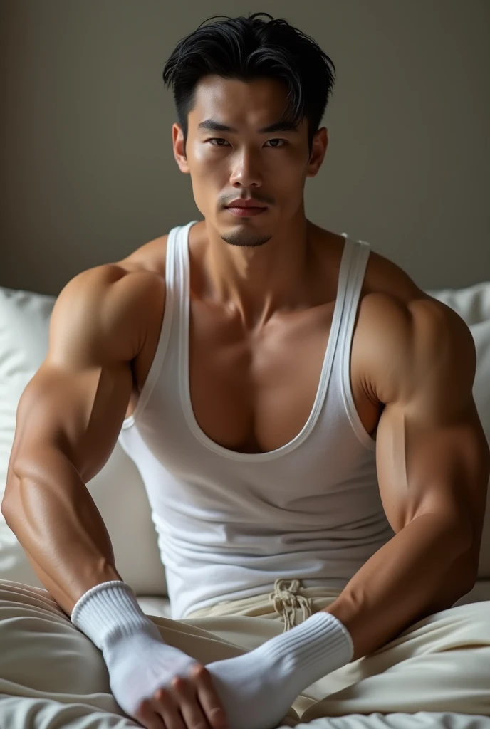 Sweaty and blushing, Korean, hunk man, with the biggest pecs, with big nipples, with big arms, with big bulge in his underwear, sitting on the bed, wearing lingerie and dog collar, looking sensually directly to me