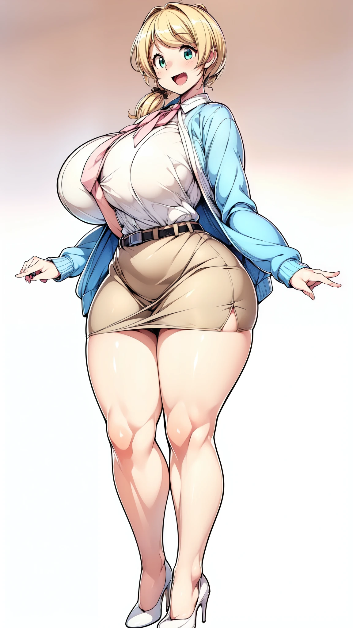 (Highly detailed CG,Highest quality,8k, masterpiece: 1.3),Super Detail, Ultra-high resolution, ((simple white background)), Ellen Baker,girl(teacher),2,Green Eye,Delicate eyes, hair(blonde,length,Loose Side Tail), skin(shiny, oily), (White transparent blouse),(Light blue cardigan), (light brown skirt), (((ultra-short skirt))), (Cute pink panty), (thin:1.4), (long legs:1.4), (huge breasts, bursting breast), (narrow waist:1.4), (wide hips), (thick thighs, voluptuous things), smile, open mouth, ((bare legs, bare legs)), (from side:0.8), ((full body, feet, pumps)),