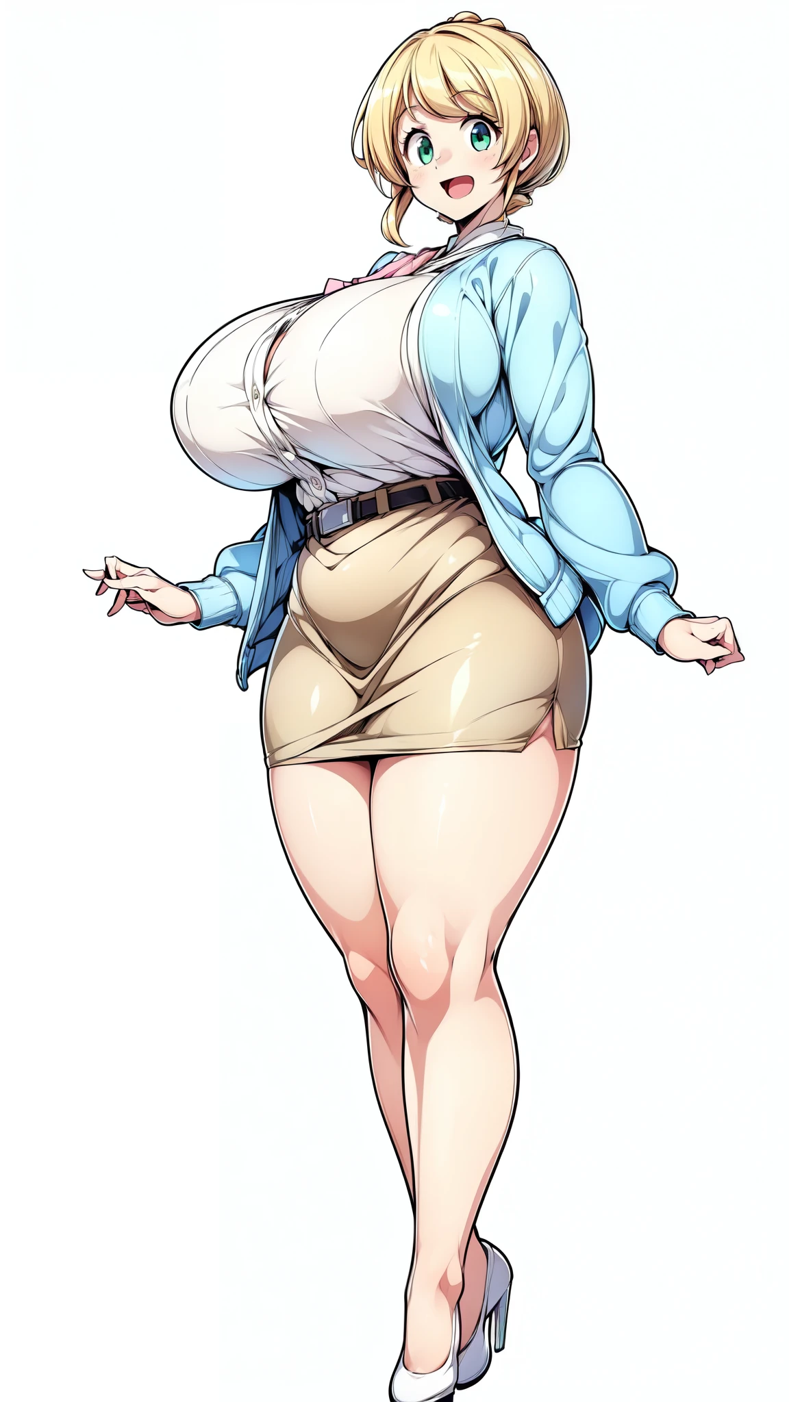 (Highly detailed CG,Highest quality,8k, masterpiece: 1.3),Super Detail, Ultra-high resolution, ((simple white background)), Ellen Baker,girl(teacher),2,Green Eye,Delicate eyes, hair(blonde,length,Loose Side Tail), skin(shiny, oily), (White transparent blouse),(Light blue cardigan), (light brown skirt), (((ultra-short skirt))), (Cute pink panty), (thin:1.4), (long legs:1.4), (huge breasts, bursting breast), (narrow waist:1.4), (wide hips), (thick thighs, voluptuous things), smile, open mouth, ((bare legs, bare legs)), (from side:0.8), ((full body, feet, pumps)),