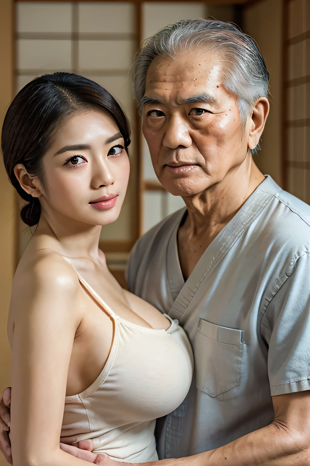 High resolution、High level image quality、high detail、masterpiece、realistic skin,、rough skitomically correct)、(two men and women standing together)、((2 Japanese cute big breasted 、7 Japanese male grandfather)）、((whole body_from head to foot))、one&#39;s home、Breast skin is not visible