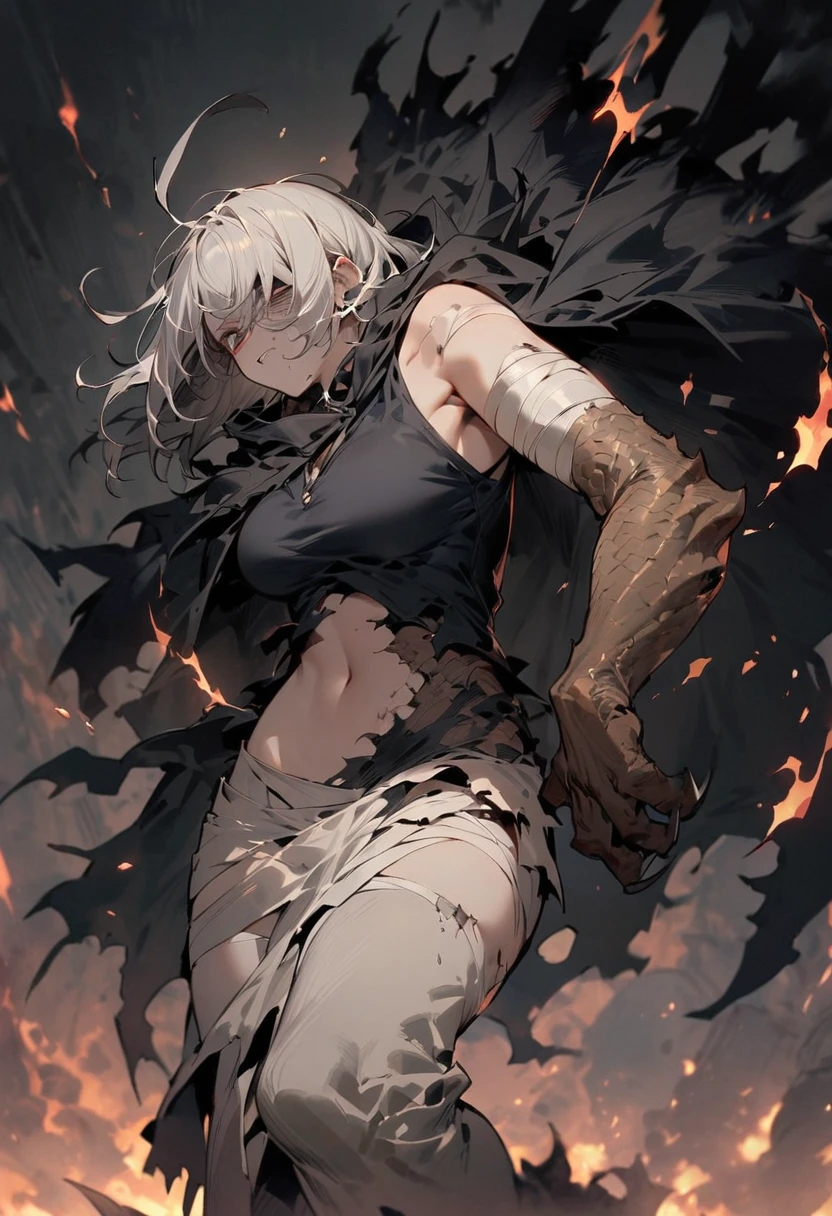 High resolution, masterpiece, Highest quality, girl, Bandage on right arm,Dragon leg-like right arm, Enhanced Giant Hand, Sharp Claws, Wearing a tattered cloak, Black flames erupt from his entire body., Right eye is hidden, Half of his body has turned into a beast, Painful expression