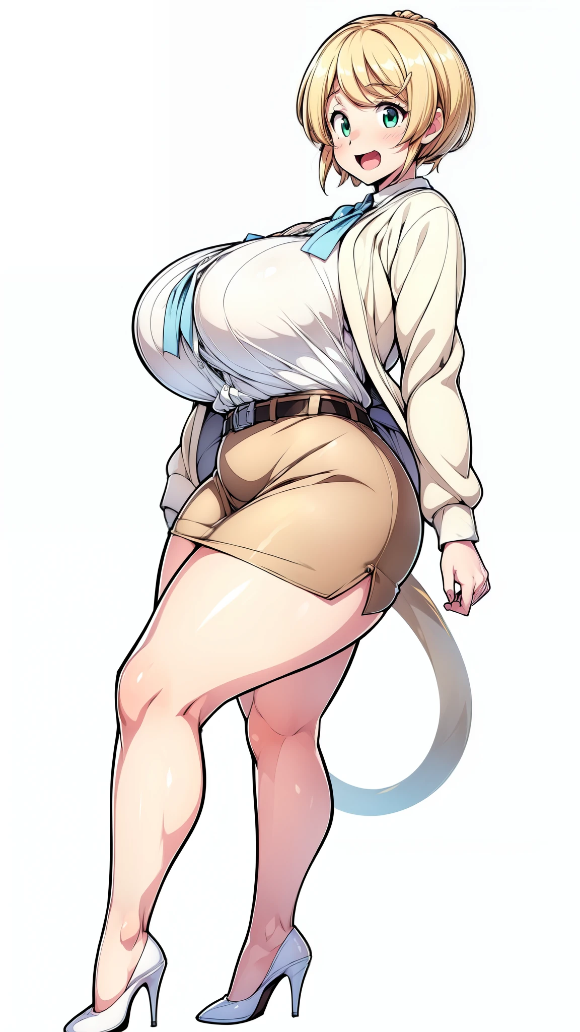 (Highly detailed CG,Highest quality,8k, masterpiece: 1.3),Super Detail, Ultra-high resolution, ((simple white background)), Ellen Baker,girl(teacher),2,Green Eye,Delicate eyes, hair(blonde,length,Loose Side Tail), skin(shiny, oily), (White transparent blouse),(Light blue cardigan), (light brown skirt), (((ultra-short skirt))), (Cute pink panty), (thin:1.4), (long legs:1.4), (huge breasts, bursting breast), (narrow waist:1.4), (wide hips), (thick thighs, voluptuous things), smile, open mouth, ((bare legs, bare legs)), (from side:0.8), ((full body, feet, pumps)),