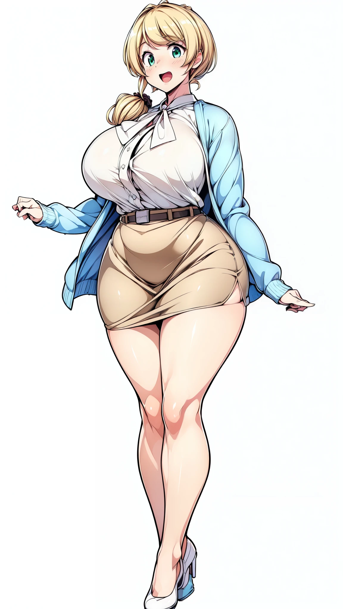 (Highly detailed CG,Highest quality,8k, masterpiece: 1.3),Super Detail, Ultra-high resolution, ((simple white background)), Ellen Baker,girl(teacher),2,Green Eye,Delicate eyes, hair(blonde,length,Loose Side Tail), skin(shiny, oily), (White transparent blouse),(Light blue cardigan), (light brown skirt), (((ultra-short skirt))), (Cute pink panty), (thin:1.4), (long legs:1.4), (huge breasts, bursting breast), (narrow waist:1.4), (wide hips), (thick thighs, voluptuous things), smile, open mouth, ((bare legs, bare legs)), (from side:0.8), ((full body, feet, pumps)),