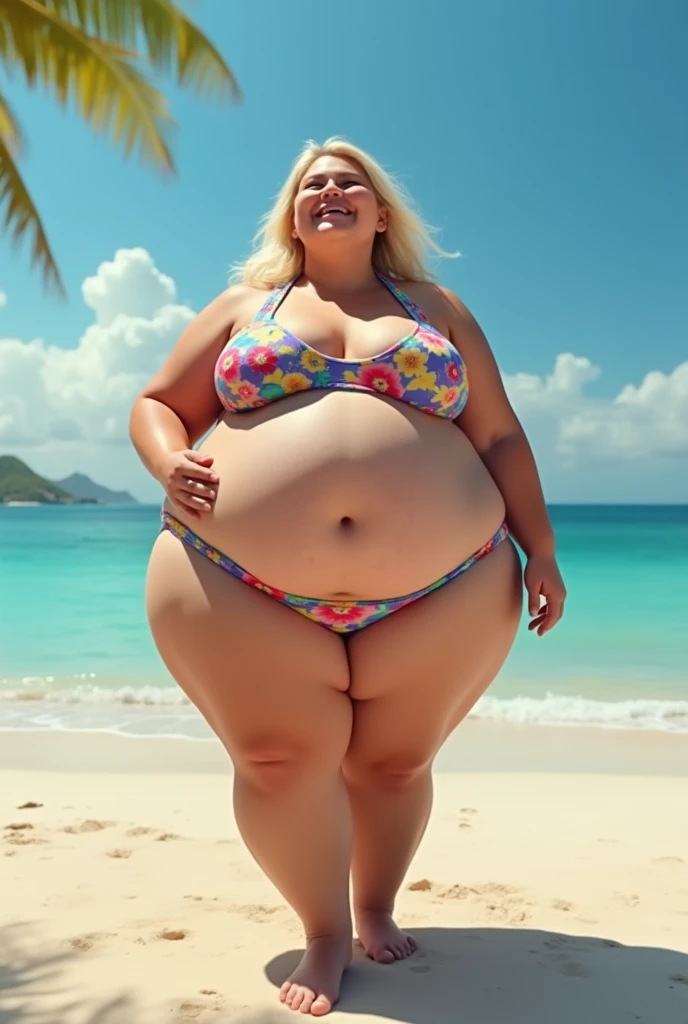  The most obese beautiful young obese ssbbw fat elf, extremely wide thighs and huge obese wide booty, massive tummy,bbeautiful face, blue eyes, freckles on face and body, obese ssbbw fat feminine body, huge bloated hanging soft belly, cute belly-button, wide hips, fat huge booty, big round pregnant belly, thicc fat legs in a tight beautiful bikini, very surprised, looking down, yelling