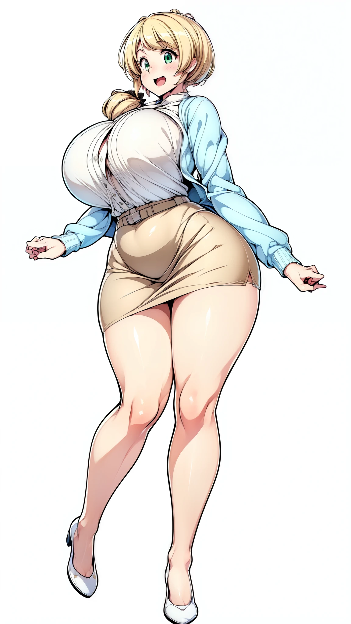 (Highly detailed CG,Highest quality,8k, masterpiece: 1.3),Super Detail, Ultra-high resolution, ((simple white background)), Ellen Baker,girl(teacher),2,Green Eye,Delicate eyes, hair(blonde,length,Loose Side Tail), skin(shiny, oily), (White transparent blouse),(Light blue cardigan), (light brown skirt), (ultra-short skirt:1.7), (Cute pink panty), (thin:1.4), (long legs:1.4), (huge breasts, bursting breast), (narrow waist:1.4), (wide hips), (thick thighs, voluptuous things), smile, open mouth, ((bare legs, bare legs)), (from side:0.8), ((full body, feet, pumps)),