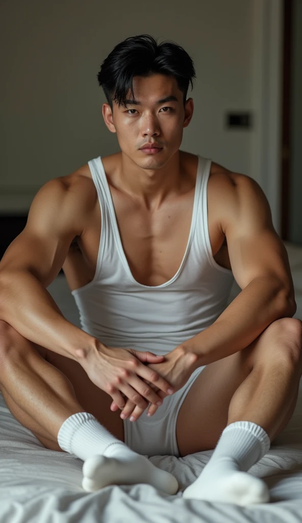 (Excellent, Best Picture Quality, Extremely high definition), Fine motor muscle theme, Single action on the ground, Tall and handsome Chinese man, Foot football,Wear white football sockoth the left and right hands are delicately depicted, Place your right hand on your chest muscles,The left hand is slightly raised,Shocking male physique, youthfulenergy,Sexy charm, Thin But muscular, rigidly defined abs, Mid-range medium field of view, The lighting effect is bright, Accentuate your figure's curves, Perfectly show the beauty of body。
