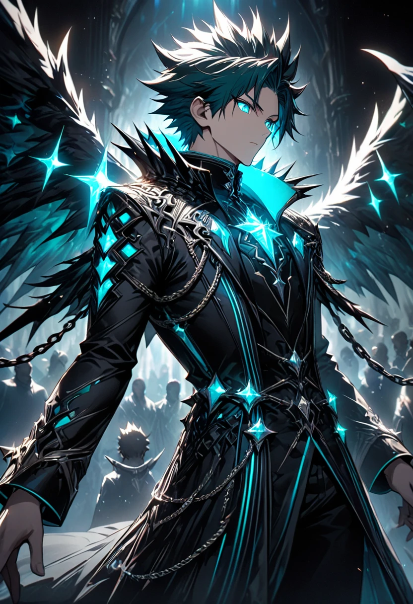 (male、anime)masterpiece、Highest quality、(Handsome、クールなmale１people)Spiky hair with teal highlights, Elaborate black and teal outfit, Futuristic glowing shoulder accessory, Multiple chains and intricate details on clothing, Black Phenomenal Wings, High collar jacket, Standing pose, Look straight ahead, Sparkling crystal accents, Dark and sophisticated aesthetic, high contrast lighting, Mysterious and powerful atmosphere, Dynamic and detailed composition, Close-up shot, Sharp focus.