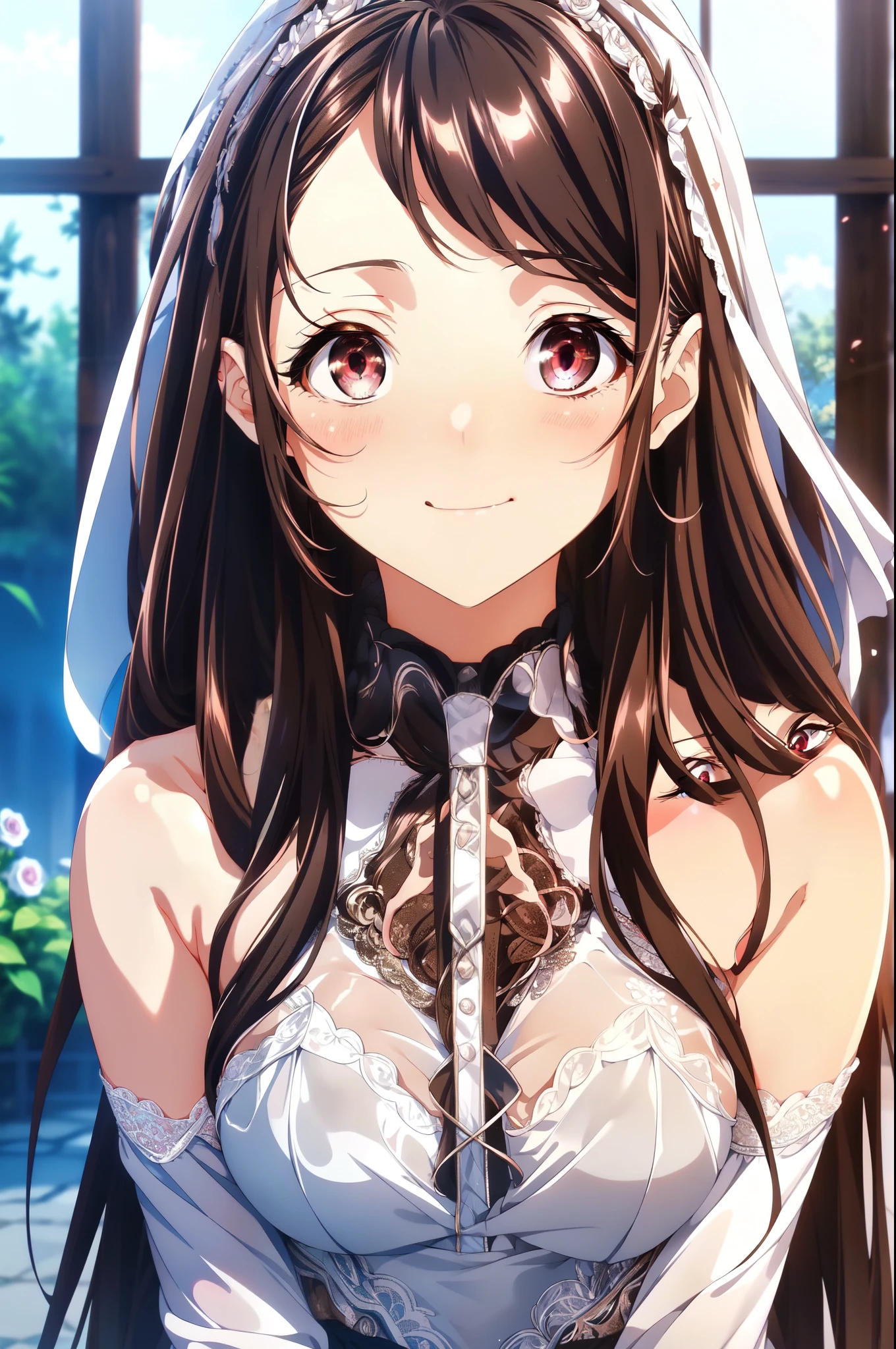 KaoriHojo, (masterpiece, Highest quality, beautifully、aesthetic:1.3), 1 Female, Mature Woman,alone, A light smile, (Silvery brown hair with reddish brown streaks:1.4), (Gradient brown hair tip:1.6), hair, Ridiculously long hair, Single Side Lock, Wavy Hair, Shiny Hair, Floating Hair, (Deep red eyes), Delicate eyes, Red eyes, Very fine eye, Long upper eyelashes, compensate, Focus on the face, Very detailedフェイシャル, Pretty face, Perfect breasts, Hot body, (Delicate skin texture:1.2), Bridal Veil, lace trim dress, See through, Wedding dress, Outdoor, White Rose, garden, morning, Are standing, Very detailed,