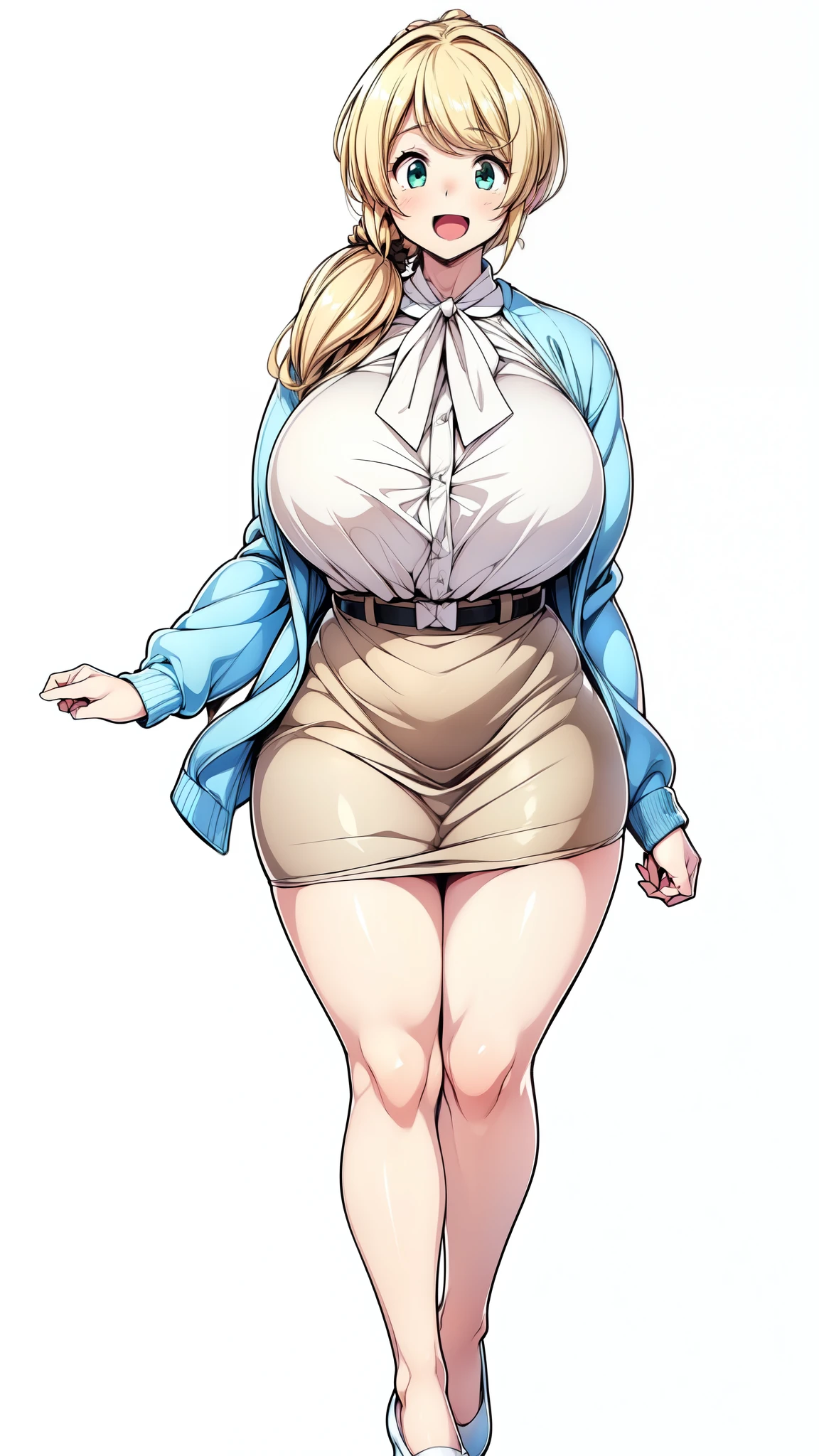 (Highly detailed CG,Highest quality,8k, masterpiece: 1.3),Super Detail, Ultra-high resolution, ((simple white background)), Ellen Baker,girl(teacher),2,Green Eye,Delicate eyes, hair(blonde,length,Loose Side Tail, loose side tail), skin(shiny, oily), (White transparent blouse),(Light blue cardigan), (light brown skirt), (ultra-short skirt), (Cute pink panty), (thin:1.4), (long legs:1.4), (huge breasts, bursting breast), (narrow waist:1.4), (wide hips), (thick thighs, voluptuous things), smile, open mouth, ((bare legs, bare legs)), (from side:0.8), ((full body, feet, pumps)),