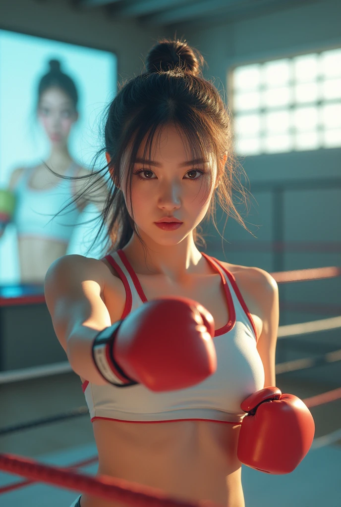 1girl, flowing long ponytail, wearing boxing gloves, sportswear, female boxer, looking at the camera, sweating, raised fists,