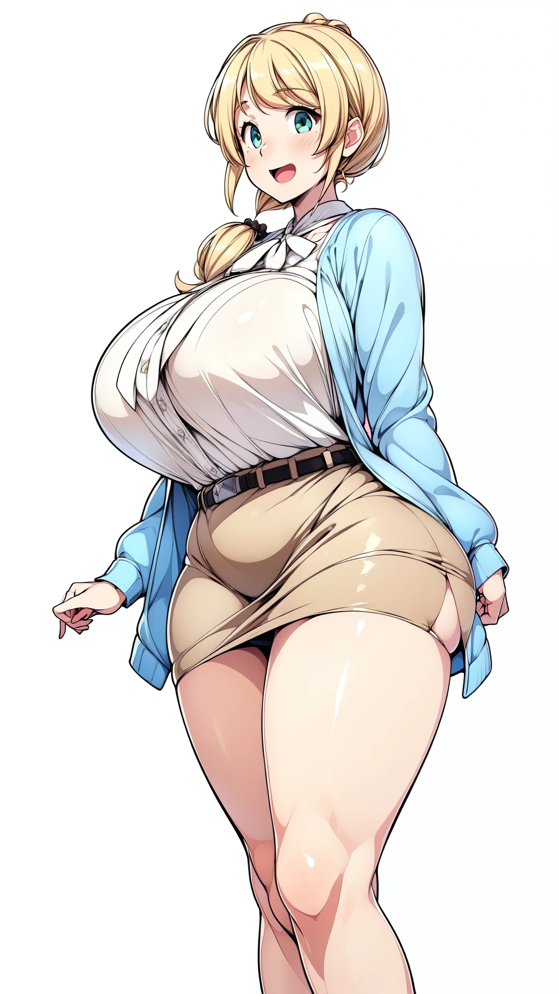 (Highly detailed CG,Highest quality,8k, masterpiece: 1.3),Super Detail, Ultra-high resolution, ((simple white background)), Ellen Baker,girl(teacher),2,Green Eye,Delicate eyes, hair(blonde,length,Loose Side Tail, loose side tail), skin(shiny, oily), (White transparent blouse),(Light blue cardigan), (light brown skirt), (ultra-short skirt), (Cute pink panty), (thin:1.4), (long legs:1.4), (huge breasts, bursting breast), (narrow waist:1.4), (wide hips), (thick thighs, voluptuous thighs), smile, open mouth, ((bare legs, bare legs)), (from side:0.8), ((full body, feet, pumps)),