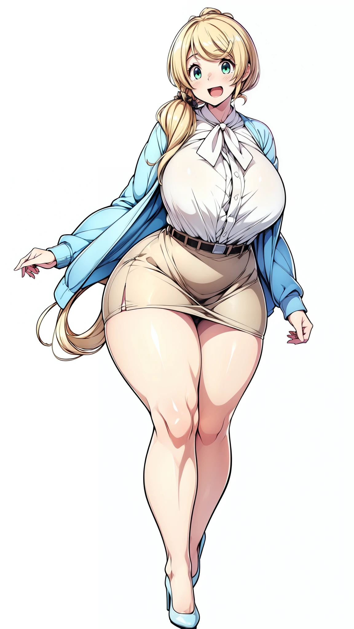 (Highly detailed CG,Highest quality,8k, masterpiece: 1.3),Super Detail, Ultra-high resolution, ((simple white background)), Ellen Baker,girl(teacher),2,Green Eye,Delicate eyes, hair(blonde,length,Loose Side Tail, loose side tail), skin(shiny, oily), (White transparent blouse),(Light blue cardigan), (light brown skirt), (ultra-short skirt), (Cute pink panty), (thin:1.4), (long legs:1.4), (huge breasts, bursting breast), (narrow waist:1.4), (wide hips), (thick thighs, voluptuous thighs), smile, open mouth, ((bare legs, bare legs)), (from side:0.8), ((full body, feet, pumps)),