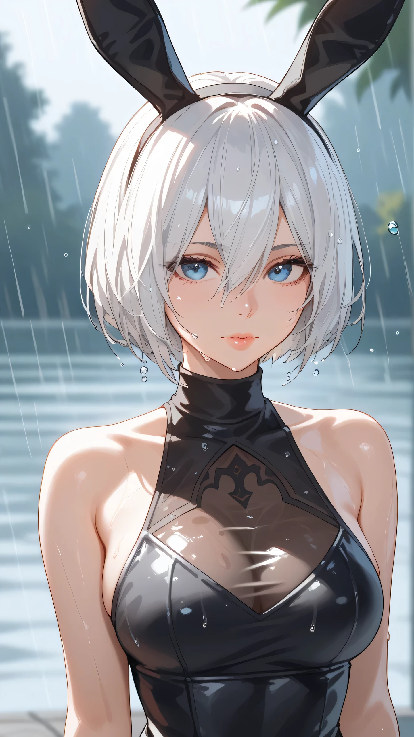 score_9, score_8_up, score_7_up, 1girl, solo, breasts, long hair, dress, blue eyes,bare shoulders, medium breasts, closed mouth, bunny ears, upper body, white hair, sleeveless, mole, blurry, black dress, lips, wet, depth of field, blurry background, turtleneck, phone, wet clothes, mole under mouth, facing viewer, rain, water drop, wet hair, yorha no. 2 type b