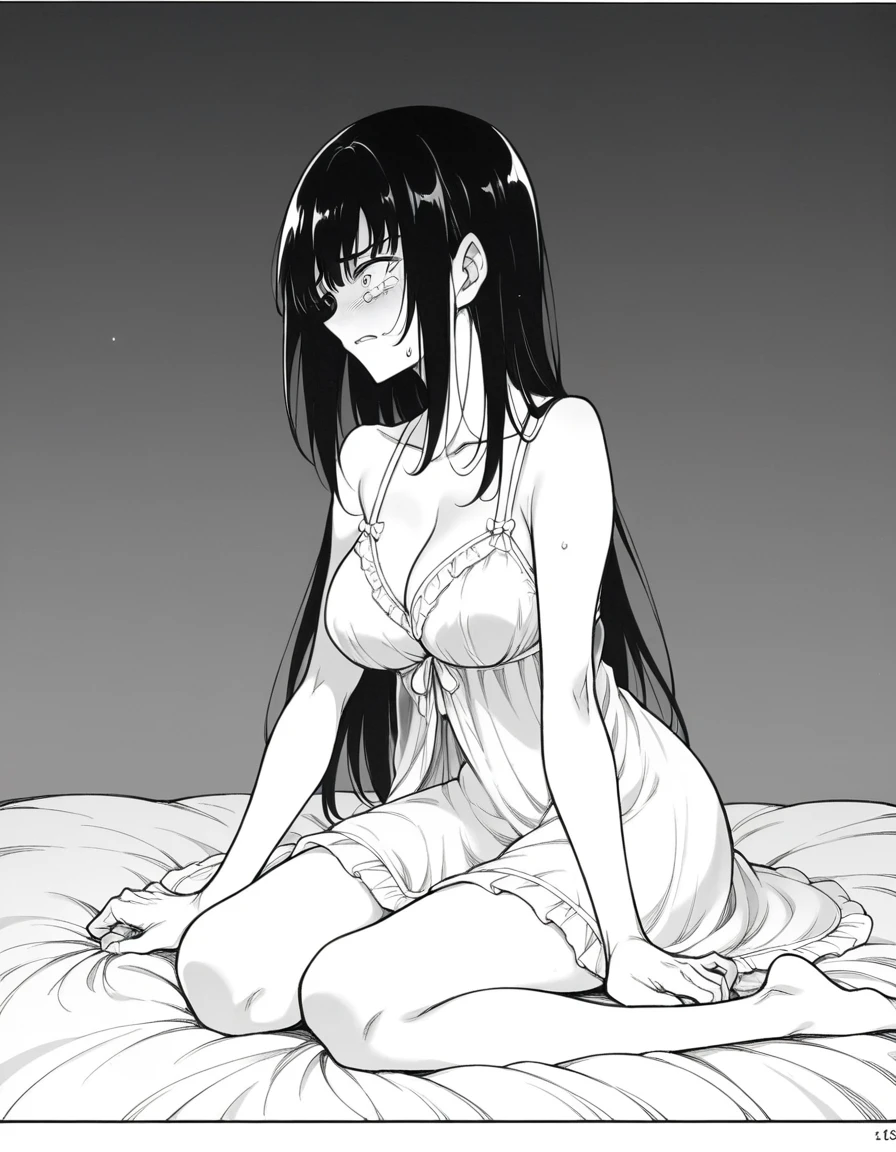 ((highest quality)), ((masterpiece)), (be familiar with), Perfect Face、Line art、Anime Style、Show the whole body、draft、Monochrome、Long Hair、Black Hair、cool、Calm、Very droopy eyes、upright、freckles、peek、Extremely curly hair、Curly hair、long hair、Expressionless、Resting her chin in her hand、underwear、smile、Big Ass、cute、freckles、Young、underwearにリボン、上品なunderwear、Big Tits、Details、Ribs visible