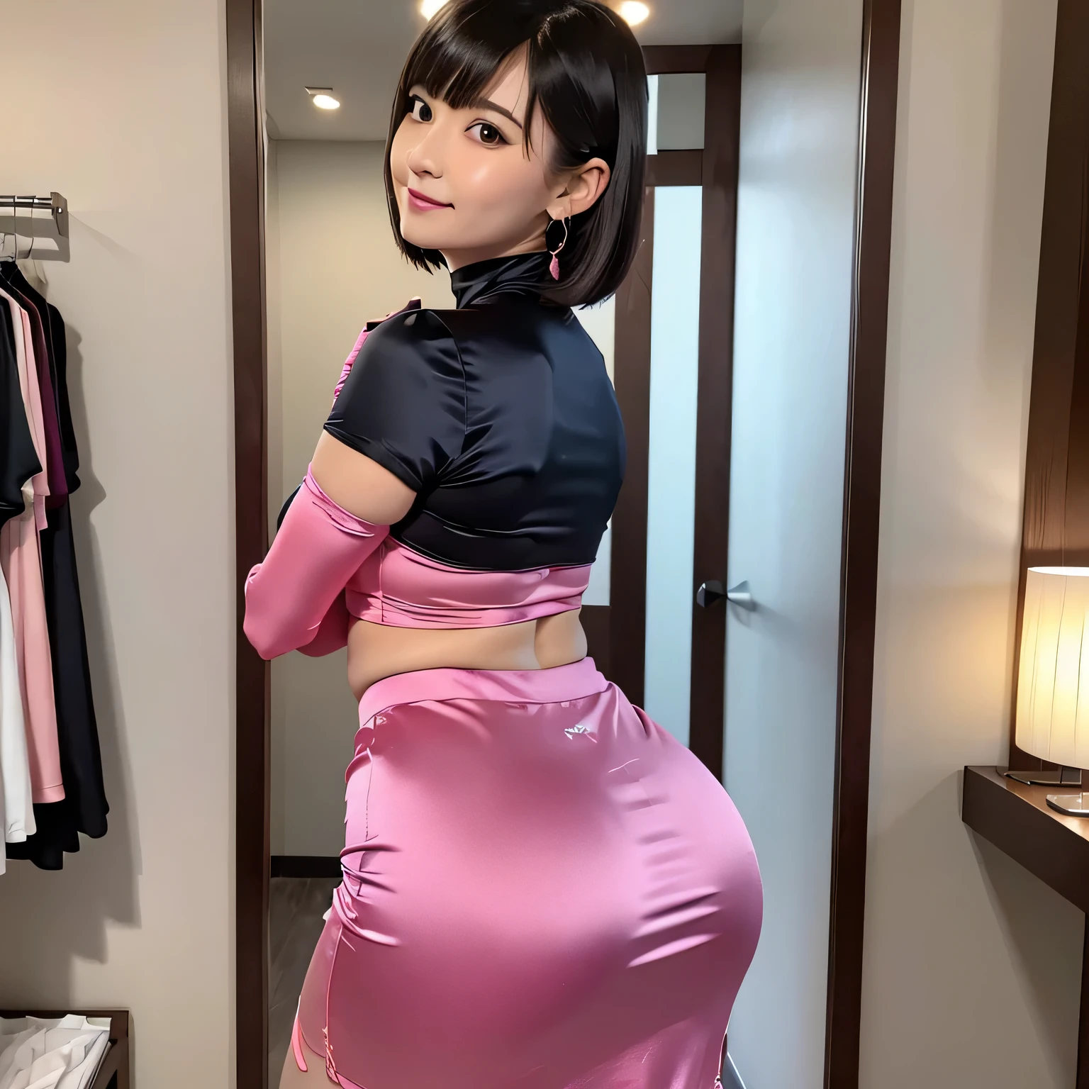 (8k, Highest quality, Ultra HD,masterpiece: 1.2)Wearing a fluorescent pink turtleneck satin shirt with a strong sheen of silk satin:1.8,She is wearing a fluorescent pink long skirt.:1.8,,gigantic breasts:1.8,Plump,Chubby,smile,bigbody,Very fat,blunt bangs:1.3,Short Bob,Hair tucked behind ear,wearing big earrings,Wearing fluorescent pink satin gloves:1.2,Photo of satin in a clothing store:1.5,Satin pleated skirt:1.8,Butt sticking out pose:1.8