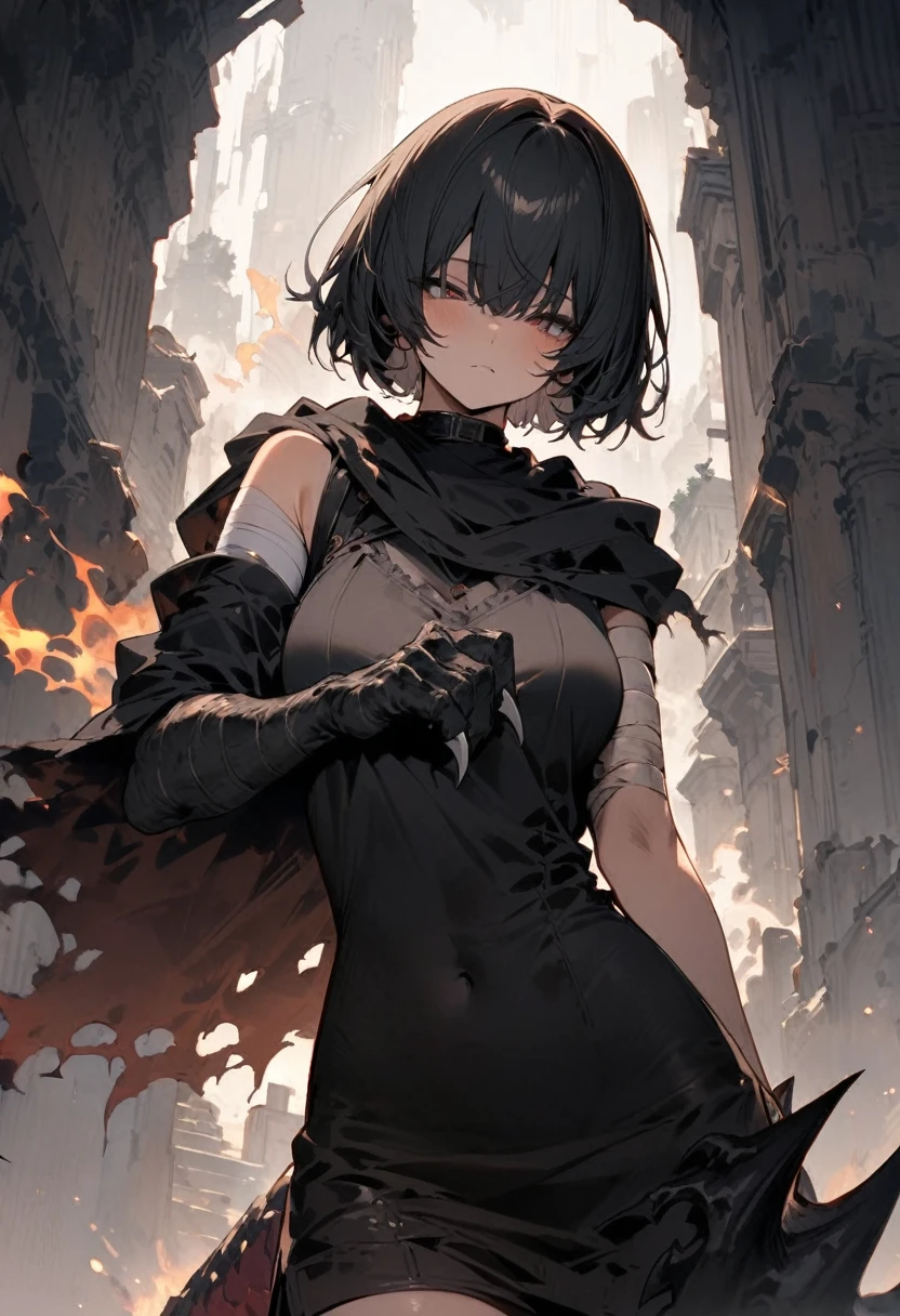 High resolution, masterpiece, Highest quality, girl, short hair, Bandage on right arm,Dragon leg-like right arm, Enhanced Giant Hand, Sharp Claws, Wearing a tattered cloak, Black flames erupt from his entire body., Right eye is hidden