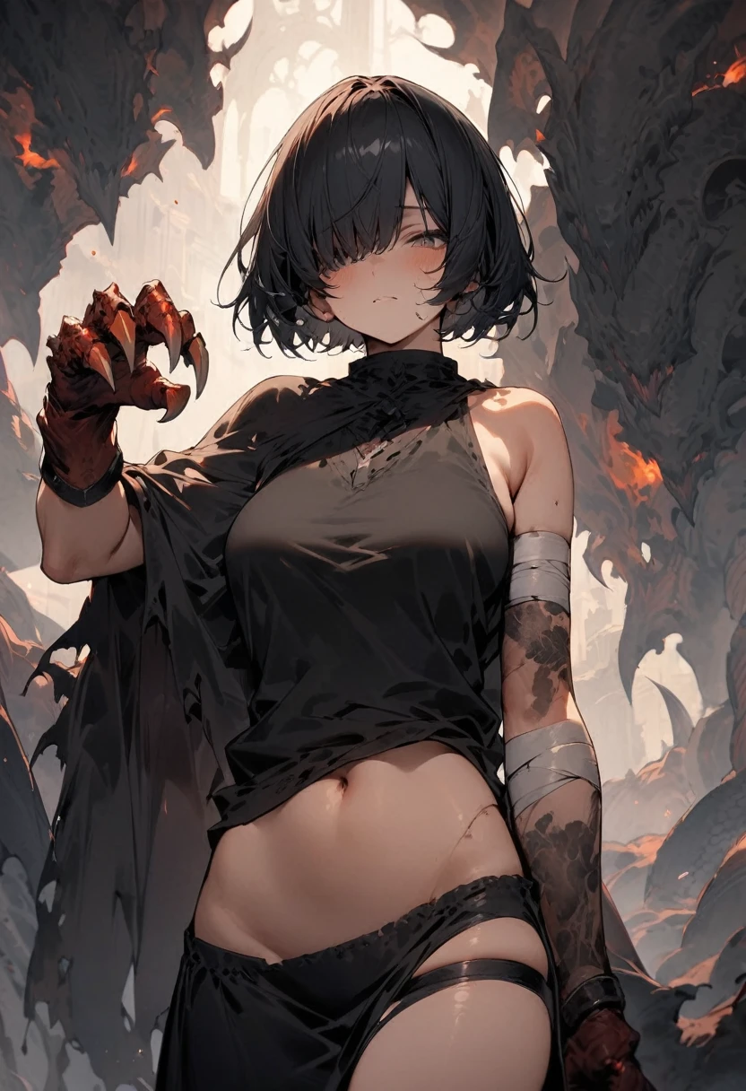 High resolution, masterpiece, Highest quality, girl, short hair, Bandage on right arm,Dragon leg-like right arm, Enhanced Giant Hand, Sharp Claws, Wearing a tattered cloak, Black flames erupt from his entire body., Right eye is hidden