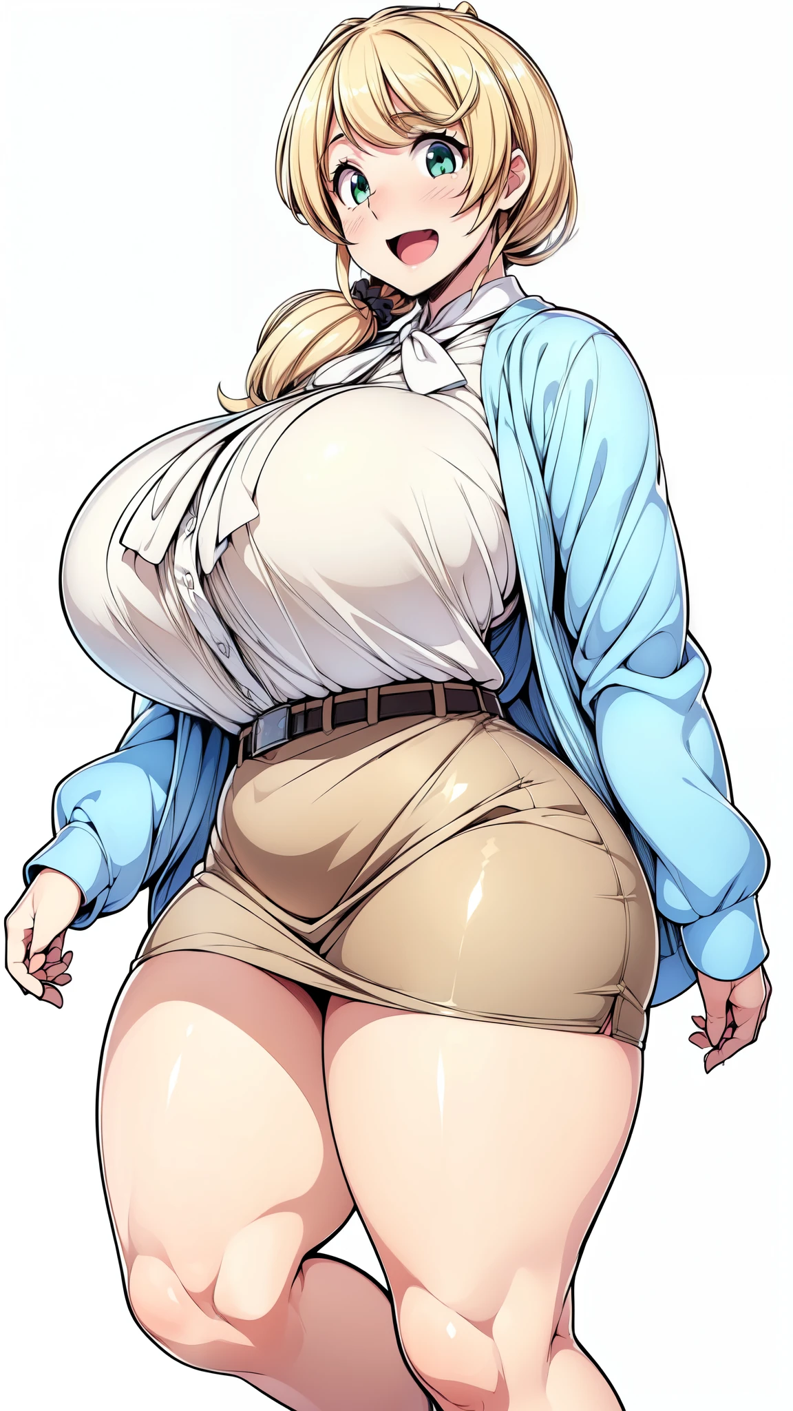 (Highly detailed CG,Highest quality,8k, masterpiece: 1.3),Super Detail, Ultra-high resolution, ((simple white background)), Ellen Baker,girl(teacher),2,Green Eye,Delicate eyes, hair(blonde,length,Loose Side Tail, loose side tail), skin(shiny, oily), (White transparent blouse),(Light blue cardigan), (light brown skirt), (ultra-short skirt), (Cute pink panty), (thin:1.4), (long legs:1.4), (huge breasts, bursting breast), (narrow waist:1.4), (wide hips), (thick thighs, voluptuous thighs), smile, open mouth, ((bare legs, bare legs)), (from side:0.8), ((full body, feet, pumps)), ((thighs focus)),