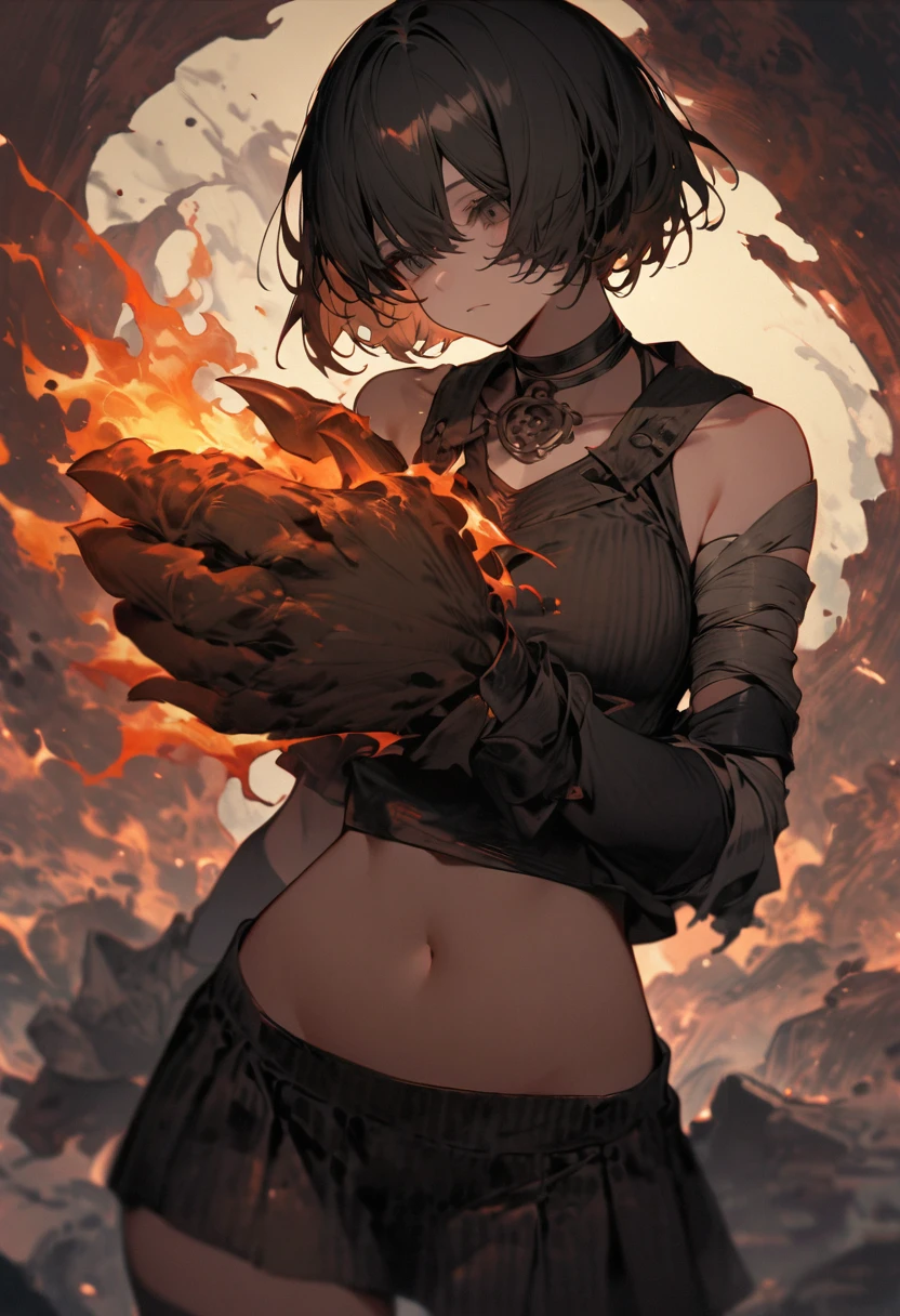 High resolution, masterpiece, Highest quality, girl, short hair, (Bandage on right arm, Dragon leg-like right arm, Enhanced Giant Hand:1.5, Sharp Claws), Wearing a tattered cloak, Black flames erupt from his entire body., Right eye is hidden