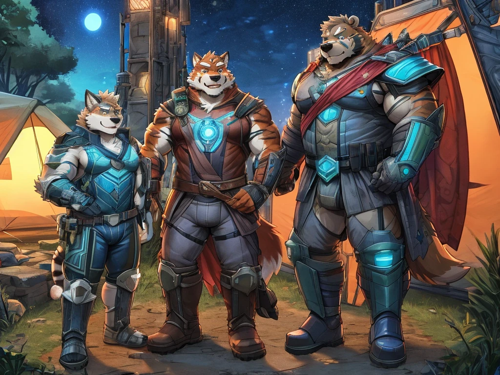 anthro, kemono, male, fantasy world, at night, camping, a team of 4 male, wizard and hunter and warrior and thief, futuristic clothes, cyberpunk fantasy, mature, daddies, tall, muscular, fox and bear and tiger and dog,