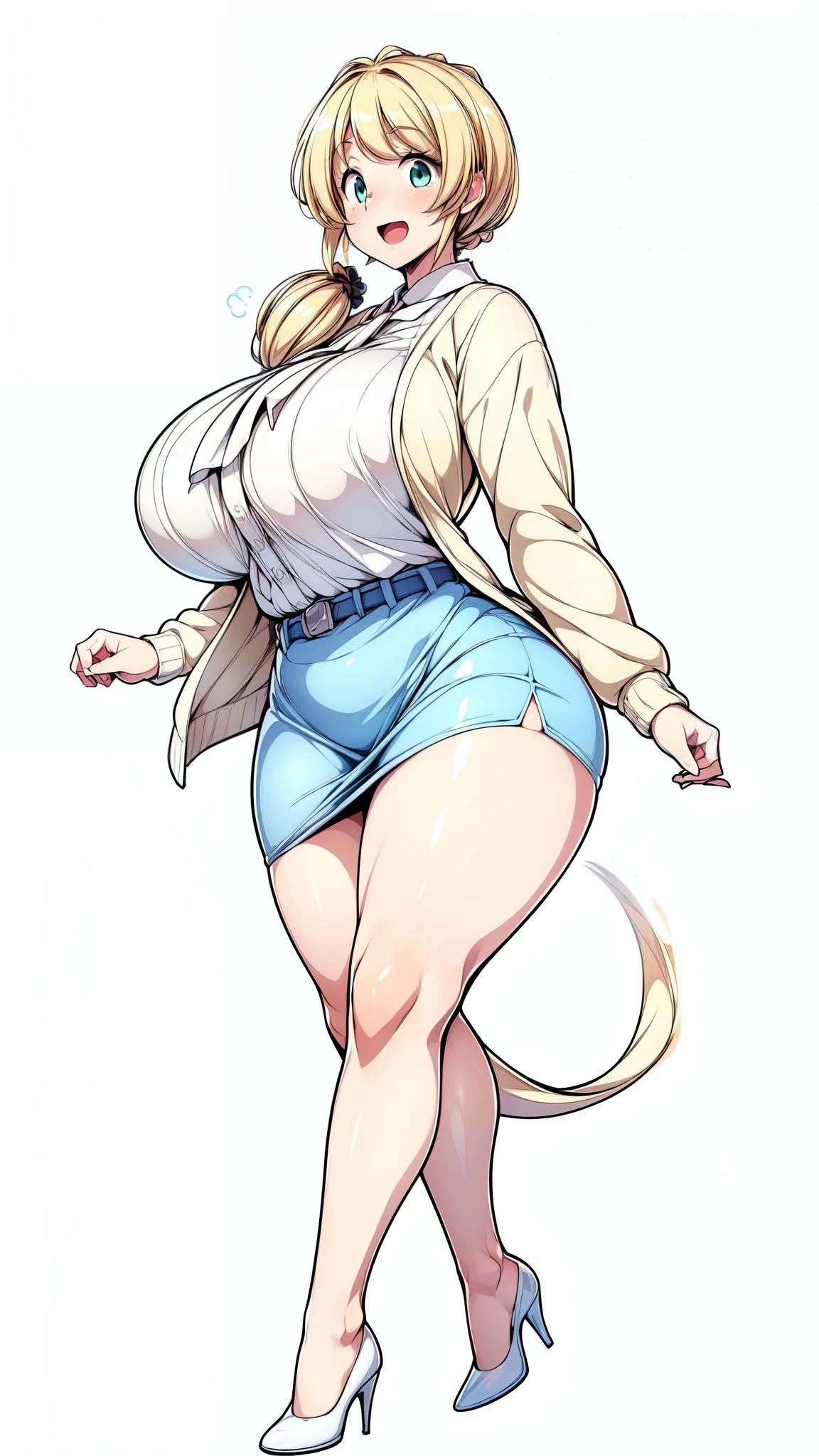 (Highly detailed CG,Highest quality,8k, masterpiece: 1.3),Super Detail, Ultra-high resolution, ((simple white background)), Ellen Baker,girl(teacher),2,Green Eye,Delicate eyes, hair(blonde,length,Loose Side Tail, loose side tail), skin(shiny, oily), (White transparent blouse),(Light blue cardigan), (light brown skirt), (ultra-short skirt), (Cute pink panty), (thin:1.4), (long legs:1.4), (huge breasts, bursting breast), (narrow waist:1.4), (wide hips), (thick thighs, voluptuous thighs), smile, open mouth, ((bare legs, bare legs)), (from side:0.8), ((full body, feet, pumps)), ((thighs focus)),