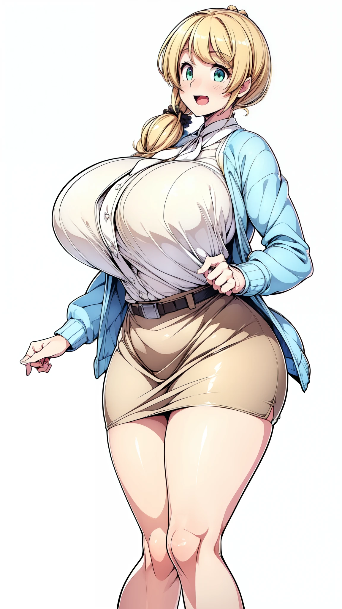 (Highly detailed CG,Highest quality,8k, masterpiece: 1.3),Super Detail, Ultra-high resolution, ((simple white background)), Ellen Baker,girl(teacher),2,Green Eye,Delicate eyes, hair(blonde,length,Loose Side Tail, loose side tail), skin(shiny, oily), (White transparent blouse),(Light blue cardigan), (light brown skirt), (ultra-short skirt), (Cute pink panty), (thin:1.4), (long legs:1.4), (huge breasts, bursting breast), (narrow waist:1.4), (wide hips), (thick thighs, voluptuous thighs), smile, open mouth, ((bare legs, bare legs)), (from side:0.8), ((full body, feet, pumps)), ((thighs focus)),