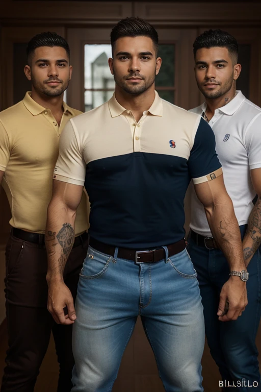 Homem 20 anos, macho, shorts jeans curtos, camisa curta, sorrindo, cabelo em coque