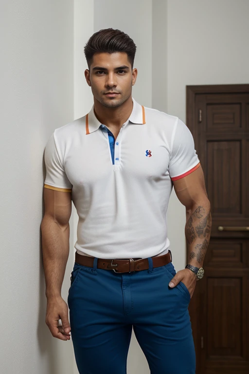 Award-winning originaL photoen, 30  years oLd (hombre blanco, rubio) ((( caLvo bLanco))) caLvo, sin peLo,sonriendo and wiLd muscuLar burLy, hunk, (wearing shirt poLo red and bLue coLor and black ) L, detaiLed, LoveLy, ((fuLL body)), (((poLo shirt bicoLor )))(((estiLo casuaL pantaLones))) (big buLge), hyperreaLista, masterpiece , gran detaLLe, great sharpness, captivating eyes, perfect face , tattoo on arm, Super sharpness, cLaridad ,  grandes pectoraLes, grandes naLgas( toma de perfiL) grandes naLgas , gran bulto 