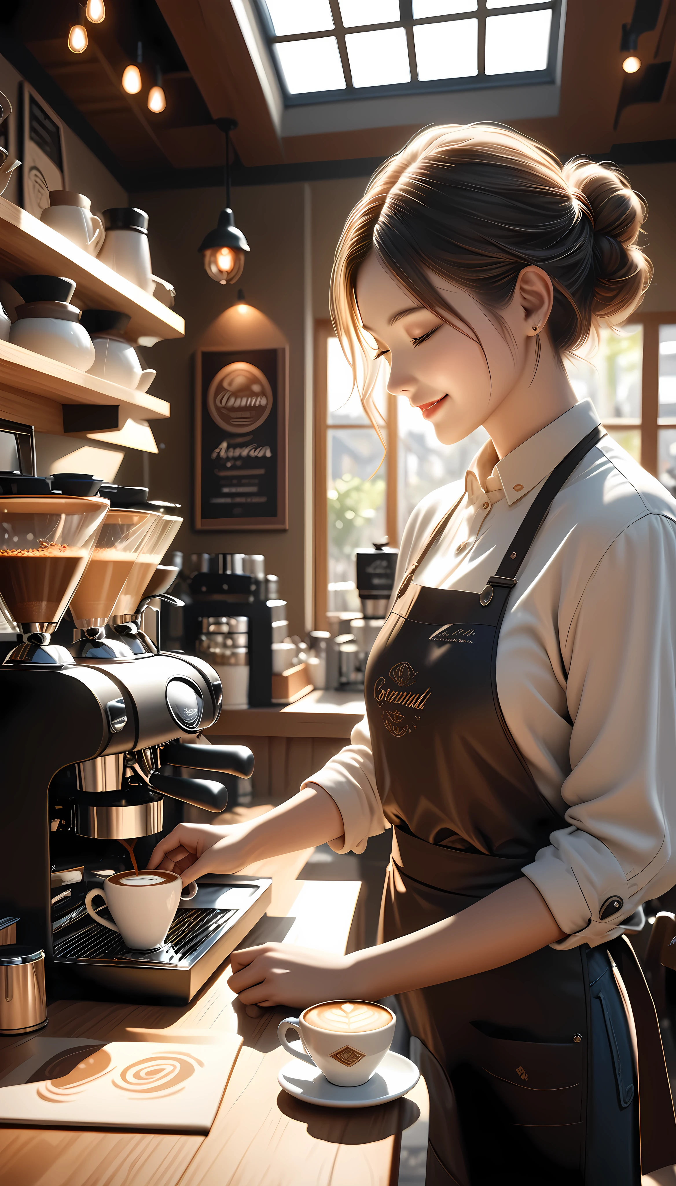 A beautiful female barista standing behind a vintage coffee siphon, serving a delicious and aromatic cup of coffee, ultra-detailed, photorealistic, 8k, hdr, studio lighting, extremely detailed metal and glass, steam rising from the coffee, warm cozy lighting, rich color tones, intricate textures, elegant expression on the barista's face, detailed eyes and lips, beautiful detailed hands, elegant pose, antique coffee shop interior, warm wooden accents, sunlight streaming through windows, steam rising from the coffee, mesmerizing aroma, artfully crafted, masterpiece