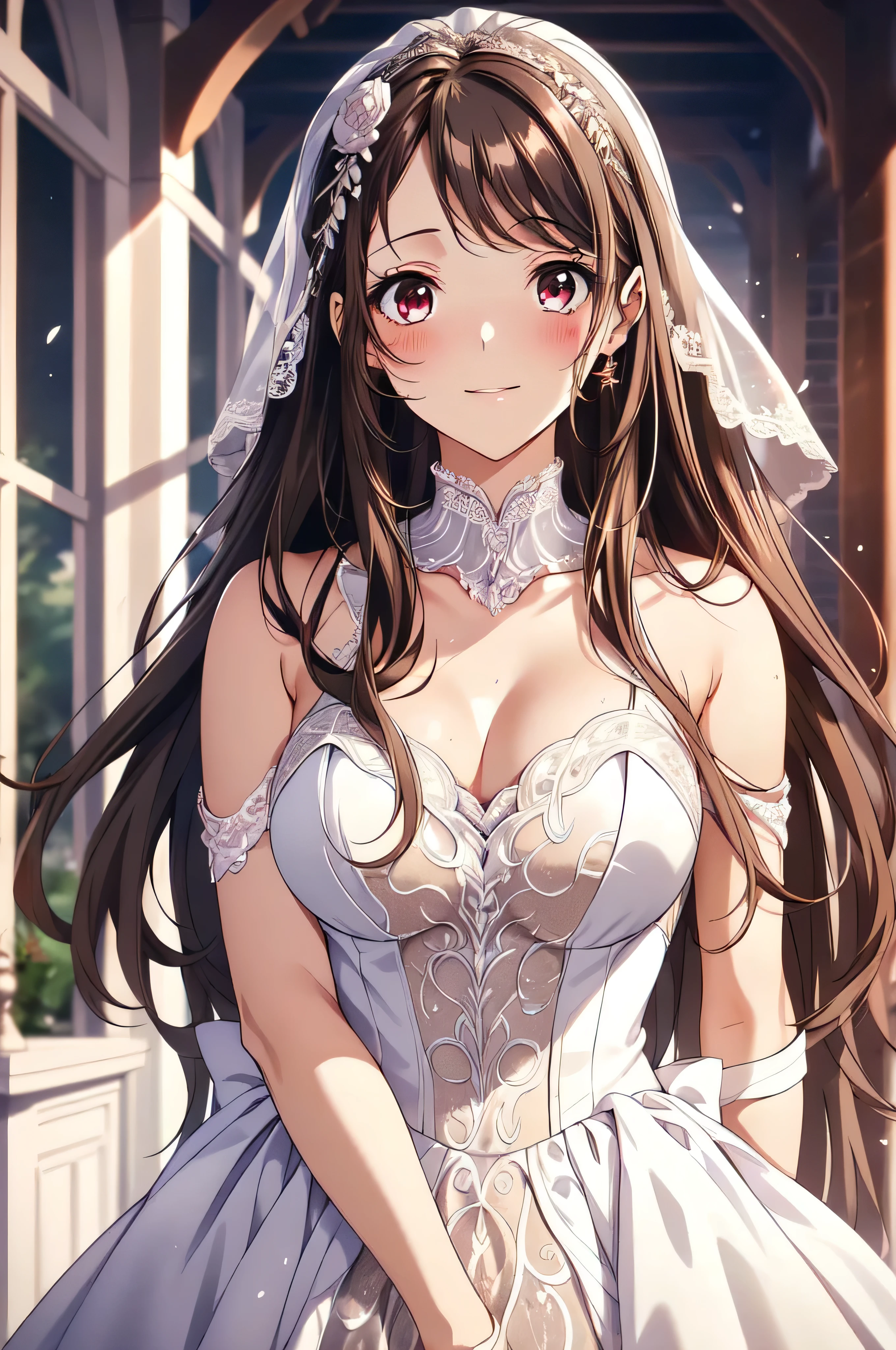 KaoriHojo, (masterpiece, Highest quality, beautifully、aesthetic:1.3), 1 Female, Mature Woman,alone, A light smile, (Silvery brown hair with reddish brown streaks:1.4), (Gradient brown hair tip:1.6), hair, Ridiculously long hair, Single Side Lock, Wavy Hair, Shiny Hair, Floating Hair, (Deep red eyes), Delicate eyes, Red eyes, Very fine eye, Long upper eyelashes, compensate, Focus on the face, Very detailedフェイシャル, Pretty face, Perfect breasts, Hot body, (Delicate skin texture:1.2), Bridal Veil, lace trim dress, See through, Wedding dress, Outdoor, White Rose, garden, morning, Are standing, Very detailed,