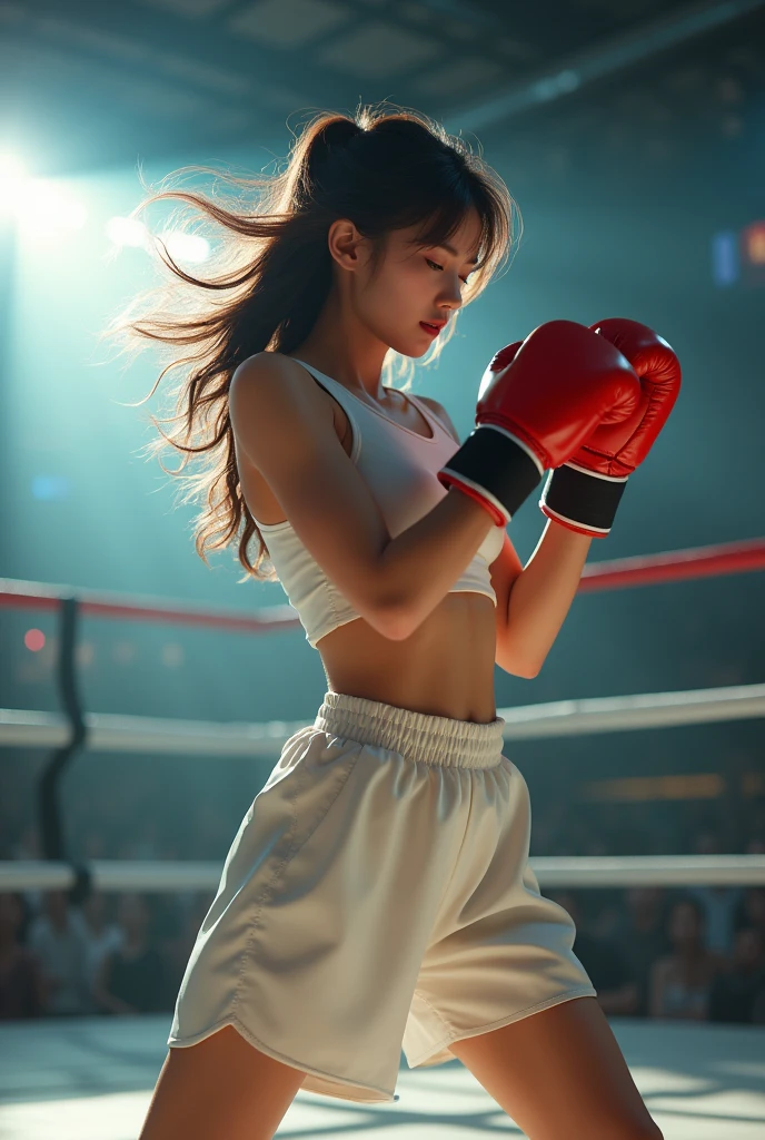 1girl, seductive asian girl, sheer white boxing dress, messy black hair, braless, sweated face, perfect body, dynamic pose, boxing ring, vibrant red boxing gloves, detailed expressive face, cinematic lighting, vibrant colors, athletic outfit, provocative, boxing, (best quality,4k,8k,highres,masterpiece:1.2),ultra-detailed,(realistic,photorealistic,photo-realistic:1.37)