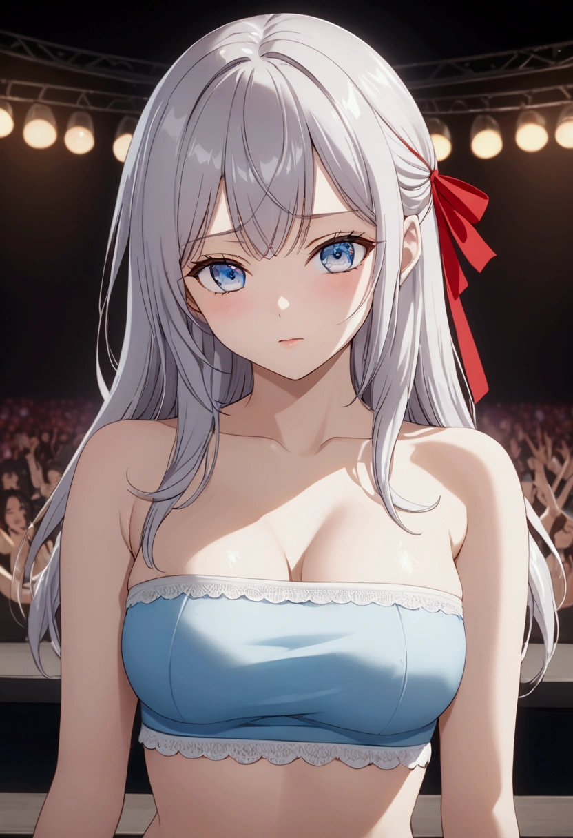 Detailed analysis, Detailed work, best quality, 1440p clarity, Realistic lighting and shadows, Anime, background, Concert stage, จากซีรีย์ Alya Sometimes Hides Her Feelings in Russian, Alisa Kujo, long white hair, blue eyes, ตาแบบAnime, Red hair ribbon, F cup breast,Wearing a Wonder Woman tube top, Blue underwear