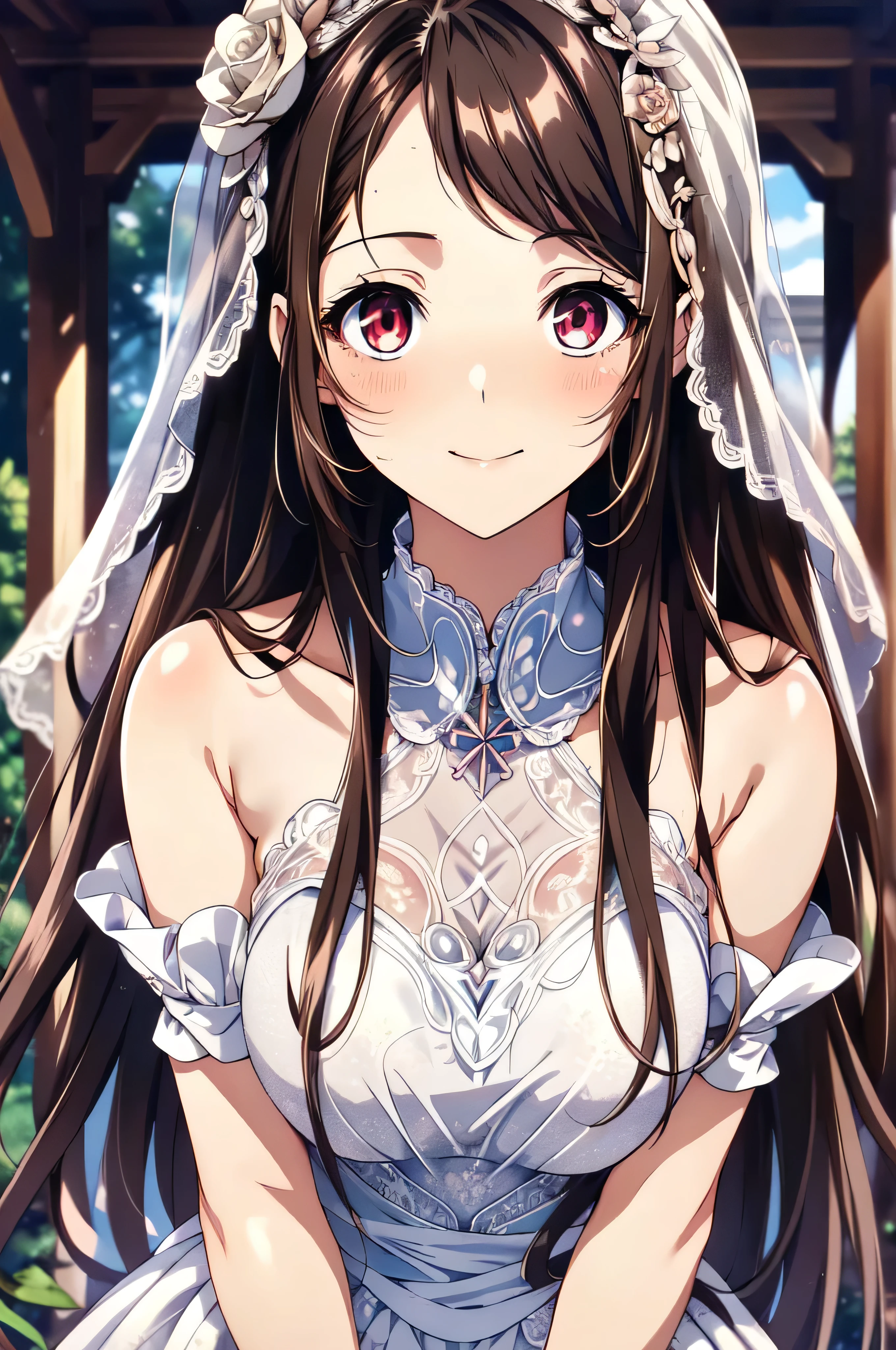 KaoriHojo, (masterpiece, Highest quality, beautifully、aesthetic:1.3), 1 Female, Mature Woman,alone, A light smile, (Silvery brown hair with reddish brown streaks:1.4), (Gradient brown hair tip:1.6), hair, Ridiculously long hair, Single Side Lock, Wavy Hair, Shiny Hair, Floating Hair, (Deep red eyes), Delicate eyes, Red eyes, Very fine eye, Long upper eyelashes, compensate, Focus on the face, Very detailedフェイシャル, Pretty face, Perfect breasts, Hot body, (Delicate skin texture:1.2), Bridal Veil, lace trim dress, See through, Wedding dress, Outdoor, White Rose, garden, morning, Are standing, Very detailed,