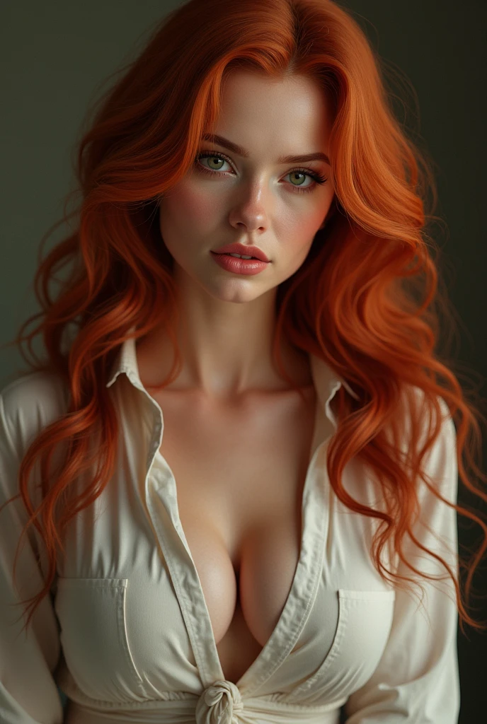 extreme close-up portrait, ultra realistic, photography, long straight red hair, (30 years old, hourglass figure, perfect body, natural medium breasts), Long eye lashes, seductive eyes, Award Winning Glamour Photograph extremely detailed award winning glamour photograph, front lit, HDR, she wears a tight roundneck t-shirt, she has a flirty look and her lips are slightly parted,