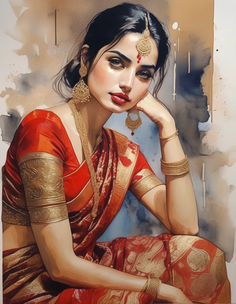 art style by Bill Sienkiewicz , goddess fashion pose, sitting, beautiful women looking in front, zoom view, high details in the acrylic painting red and gold saree and red blouse, with simple patterns, watercolour painting, background dark