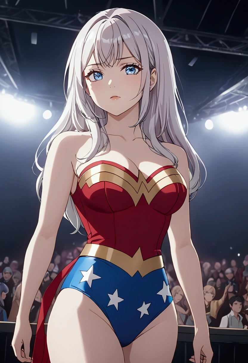 Detailed analysis, Detailed work, best quality, 1440p clarity, Realistic lighting and shadows, Anime, background, Concert stage, จากซีรีย์ Alya Sometimes Hides Her Feelings in Russian, Alisa Kujo, long white hair, blue eyes, ตาแบบAnime, Red hair ribbon, F cup breast,Wearing Wonder Woman costume