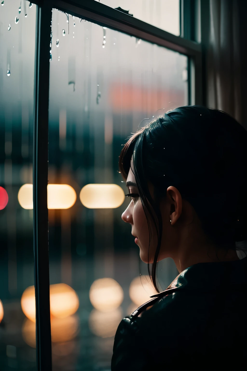 Through the back of a woman, Rain drops on a window overlooking a night city street, in the style of diana f + , brandon woelfel,
